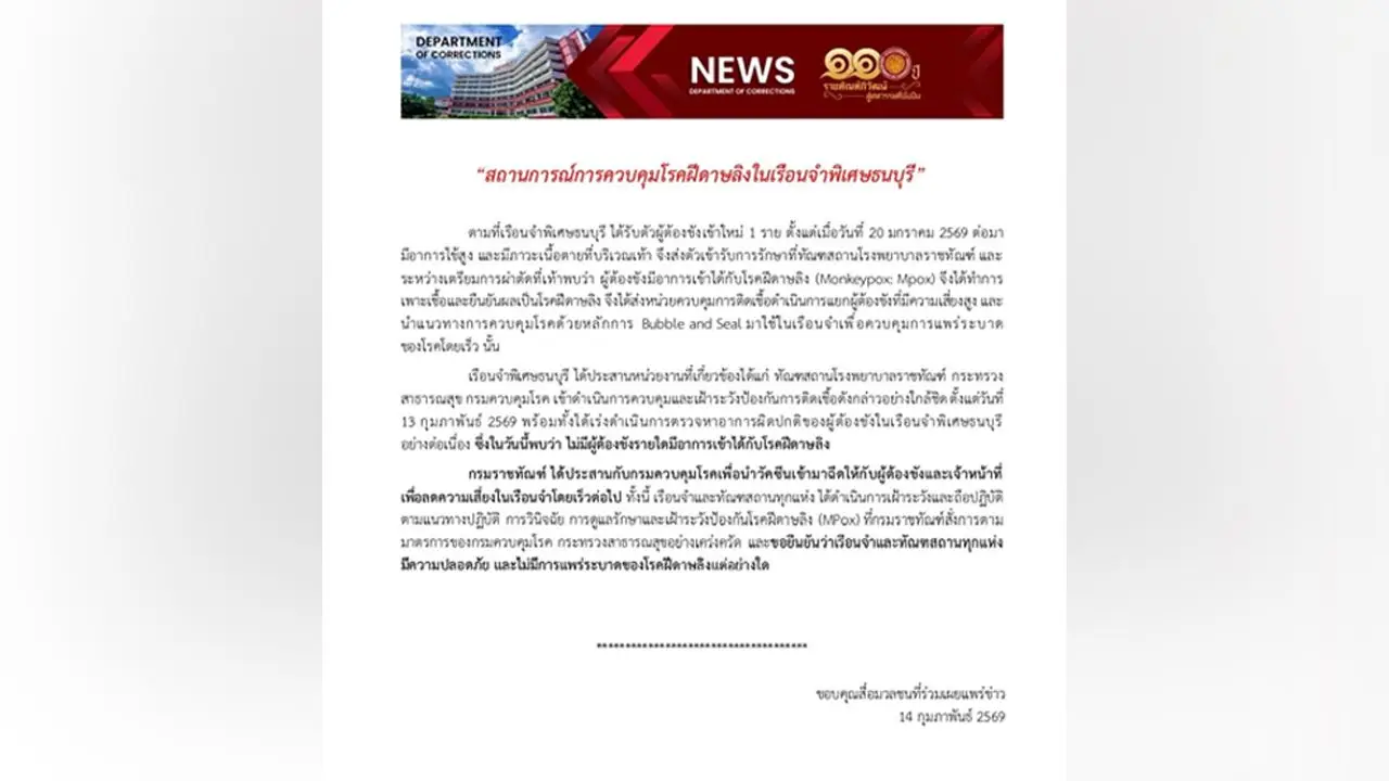 ราชทัณฑ์ เผยไม่มีผู้ต้องขังป่วย 'ฝีดาษลิง' เพิ่ม ยันเรือนจำและทัณฑสถานทุกแห่งปลอดภัย