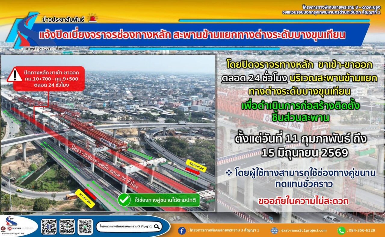 ยิ่งสาหัส! พรุ่งนี้ปิดถนนพระราม2ทางหลักสะพานข้ามแยกบางขุนเทียน24ชม.นาน4เดือนเผื่อเวลา2-3 ชม.