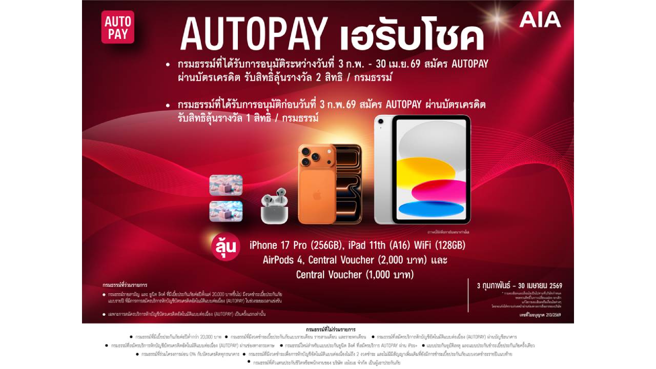 เอไอเอ ชวนลูกค้าสมัคร AUTOPAY ลุ้นรับรางวัลใหญ่กับแคมเปญ 'AUTOPAY เฮรับโชค' รวมมูลค่ากว่า 580,000 บาท