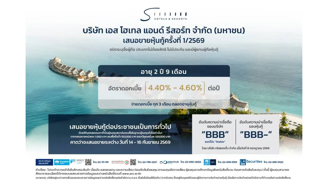 SHR เตรียมออกหุ้นกู้ชุดใหม่ อายุ 2 ปี 9 เดือน ดอกเบี้ย [4.40% – 4.60%] ต่อปี คาดเสนอขาย 14 – 16 กันยายน 2569