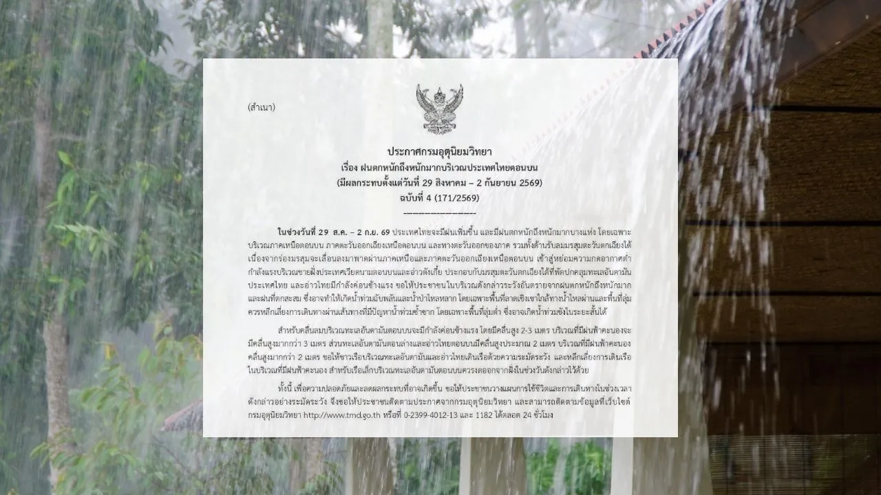 กรมอุตุฯ ประกาศฉบับ 4 เตือน 29 ส.ค. – 2 ก.ย. หลายจังหวัด 'ฝนตกหนักถึงหนักมาก'