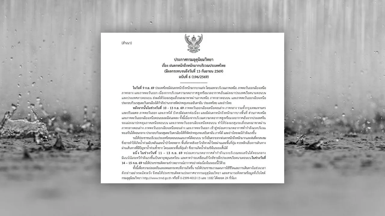 ประกาศฉบับ 6 ไทยฝนตกหนักถึงหนักมาก อาจเกิดน้ำท่วมฉับพลัน-น้ำป่าไหลหลาก