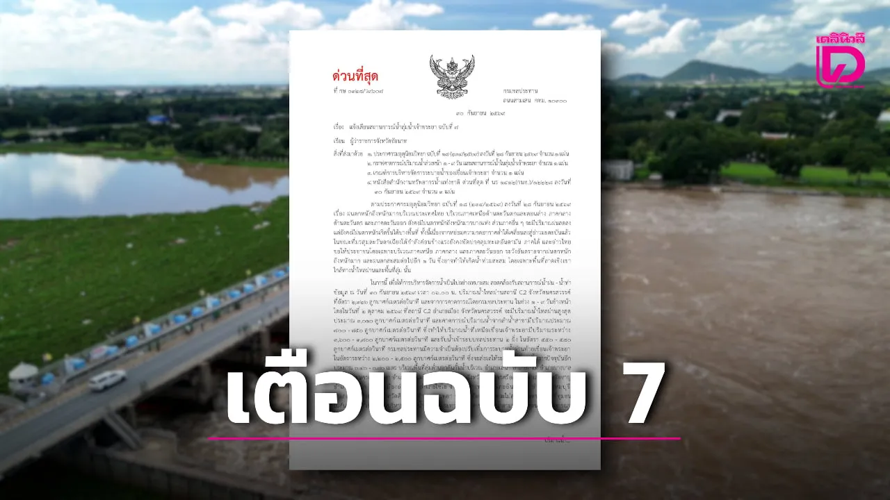 กรมชลฯ เตือนฉบับ7 ยกระดับระบายน้ำเขื่อนเจ้าพระยา 11 จว.ติดตามสถานการณ์น้ำ